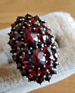 Antique Art Deco Rose Cut Bohemian Garnet 2 Tier Cluster 800 Silver Ring - Picture 1 of 7