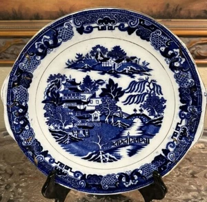 Beautiful/Antique-Flow Blue-Cake Plate-BLUE WILLOW-9.25”-w/Gilding-Pottery-LOOK- - Picture 1 of 9