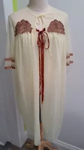 Vtg Pale Yellow Double Layered Peignoir Robe Brown Lace Detail Bell Sleeves ML - Picture 1 of 10