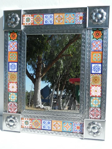 PUNCHED TIN MIRROR mixed talavera tile mexican ethnic hand made folk art Cover