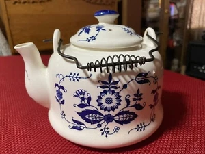 Vintage CM Inc Porcelain Blue & White Tea Pot with Wire Handle - Picture 1 of 6