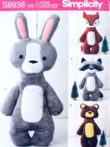 Simplicity Pattern s8938 9414 Soft Stuffed Animals Toys Fox Bear Raccoon Rabbit - Picture 1 of 3