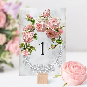 Vintage Style Wedding Table Numbers Names Cards - Shabby Chic Pink Flower Rose - Picture 1 of 7