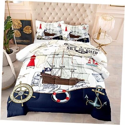 Edredón de cama para velero náutico 3D, 3 piezas azul océano navegación doble 02 Foto 1 de 4