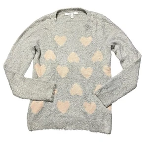 LC Lauren Conrad Womens Heart Print Eyelash Sweater Size S Gray Pink Pullover - Picture 1 of 4