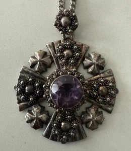 Vintage Antique Sterling Silver Jerusalem Cross Pendant With Gem And Chain - Picture 1 of 8