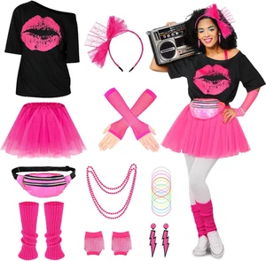 SlowTon 80s Outfits Costumes Accessories for Women - 1980s Fancy Dress with P... - Picture 1 of 14