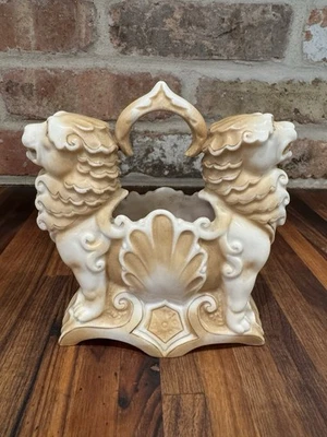 Antique RUDOLSTADT  Foo Dogs Lions Sculptured Basket Vase - Image 1 of 4