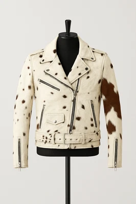 Men’s Cowhide Leather Biker Jacket Genuine Fur Western Style Coat - Image 1 of 4