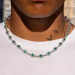 Collana Tennis Uomo Smeraldo Taglio Tondo 20CT Creato in Laboratorio Placcato Oro Bianco 14k - Foto 1 di 6