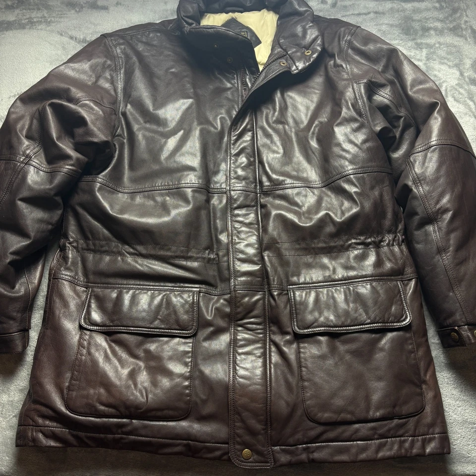 Chaqueta acolchada de cuero Eddie Bauer vintage para hombre 2XL marrón plumón de ganso cuello falso Foto 1 de 4