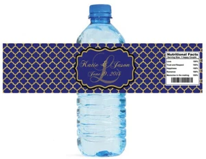 100 Gold Pattern Monogram Navy Blue Background Wedding Water Bottle Labels - Picture 1 of 5