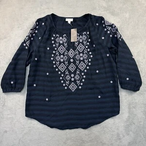 J Jill Shirt Damen klein blau gestreift bestickt Schlitz V Baumwolle Tunika Top - Bild 1 von 11