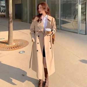 Streetwear Loose Trench Coat Midi Length Fashion Korean Elegant Khaki Black Wome - Picture 1 of 14