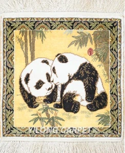 1x1ft House Hand Knotted Area Rug Mini Silk Carpet Panda Tapestry 022H - Picture 1 of 7