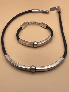 Vintage Sterling Silver 925 Mexico TH-40 Leather Necklace And Bracelet Set, New - Picture 1 of 6