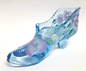 FENTON 95th Anniv Hand Painted Blue Glass Flower Slipper Shoe by T. Christopher - Picture 1 of 18