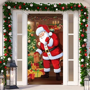 Merry Christmas Door Cover Christmas Hanging Banner Santa Door Cover Cloth Polye - Picture 1 of 12