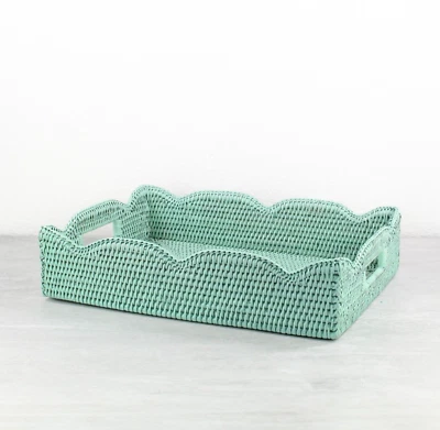 NEW Waved Edge Tight Woven Rattan Tray with Handles, Medium, Sage Leaf - Image 1 of 4