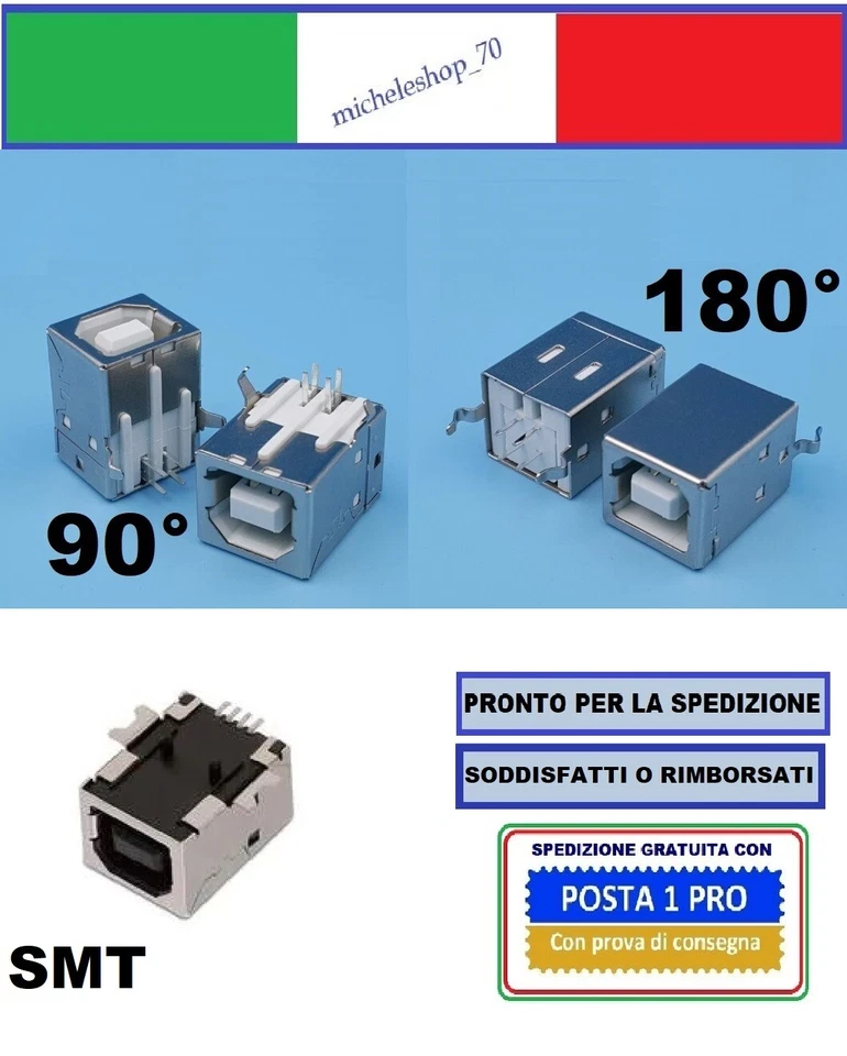 connettore a saldare USB 2.0 tipo B femmina 2 fissaggi 4pin 90 o 180° PCB SMT  - Immagine 1 di 1