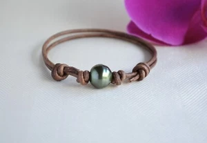 Tahitian Pearl Leather Bracelet Single Pearl Tahiti Pearl Bracelet Adjustable - Picture 1 of 7