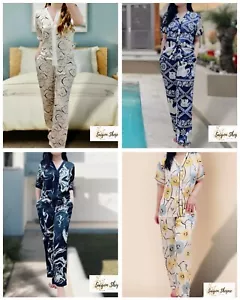 Women's Silky Satin Pajamas Set Short Sleeve with Long Pant - Picture 1 of 18