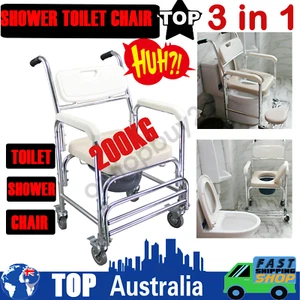 Aluminum Mobile Shower Toilet Commode Chair Bathroom Bedside Footrest Wheelchair - Picture 1 of 11