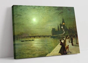 JOHN ATKINSON GRIMSHAW, REFLECTIONS ON THE THAMES -CANVAS WALL ARTWORK PIC PRINT - Picture 1 of 2