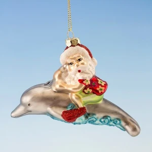 HAND BLOWN GLASS SANTA ON DOLPHIN COASTAL NAUTICAL CHRISTMAS TREE ORNAMENT - Picture 1 of 1