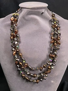 "COLLAR DE CRISTAL AB VINTAGE DE 3 HEBRAS DE COBRE/GRIS PERLAS DE AGUA DULCE 15-19""" - Imagen 1 de 3