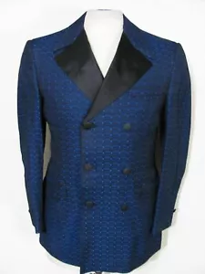 vintage 70s METALLIC BLUE BROCADE DBL-BREAST TUXEDO JACKET smoking blazer S 35S - Picture 1 of 11