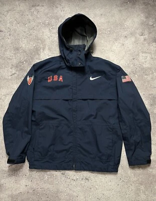 NIKE Team USA Vintage Olympic Dark Blue Hooded Waterproof Jacket Size Mens M 90s - Image 1 of 4
