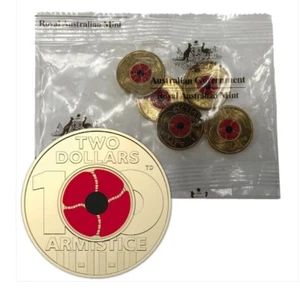 2018 Remembrance Day Armistice Centenary Red $2 Coin Bag (5 Coins) - Picture 1 of 3