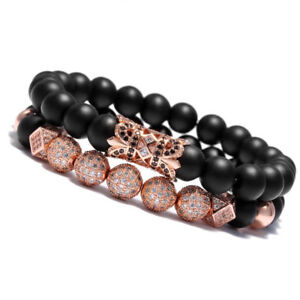 Men's Luxurious Rose Gold 8MM Matte Beads Crown CZ Zircon Balls Hand Bracelets