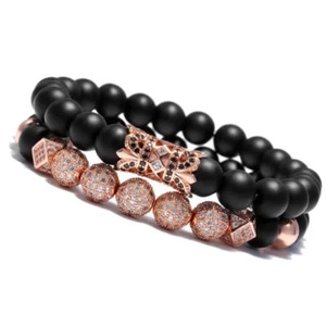 Men's Luxurious Rose Gold 8MM Matte Beads Crown CZ Zircon Balls Hand Bracelets - Picture 1 of 5