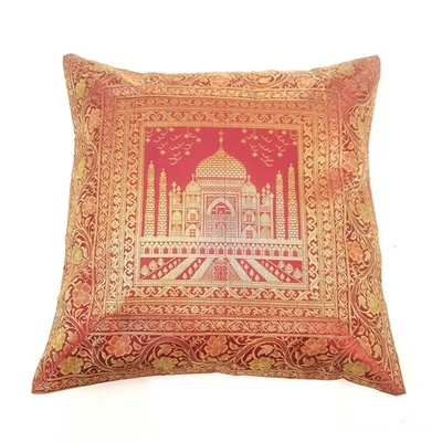 17x17 Inch Cushion Cover Taj Mahal Woven Zari Brocade Maroon Banarasi Silk Decor - Image 1 of 4