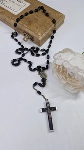 Cuentas Rosario Italia Vintage Cuentas Madera Negra Religiosas 28 pulgadas - Imagen 1 de 8