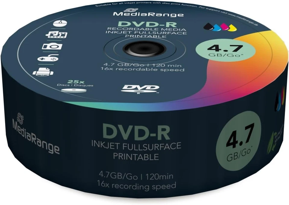 25 MediaRange Dvd-r 4.7 GB 16x Full Speed Printable In Spindel