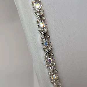 "Collar vintage de diamantes de imitación PD aurora boreal 16"" tono plata eslabón floral años 80" - Imagen 1 de 21