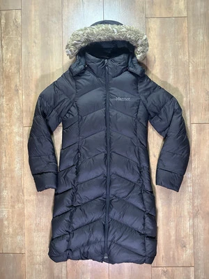 Marmot Goose Down 700 Fill Puffer Jacket Hooded Zip Up Coat Women's XS Parka Fur - Image 1 of 4