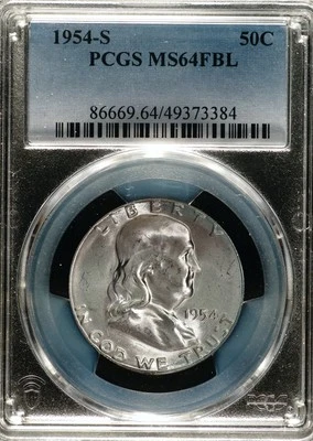1954-S Franklin Half Dollar 90% Silver UNC PCGS MS64 FBL, White, Luster, 384 - Image 1 of 4