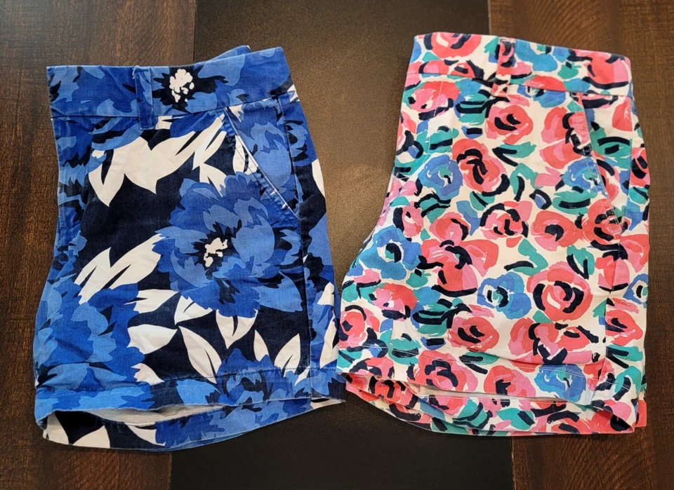 Lote 2 Pantalones Cortos Chinos Tommy Hilfiger Talla 4 Sarga Floral Caqui Azul Rosa 100% Algodón Foto 1 de 4