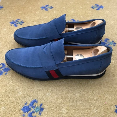 Gucci Loafers Suede Shoes Drivers Web Blue Red Penny Mens US 12 UK 11.5 EU 45.5 - image 1 of 4