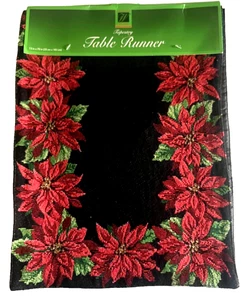 Christmas Poinsettia Table Runner Tapestry Satin Backed Winter Holiday 13x72 - Picture 1 of 5