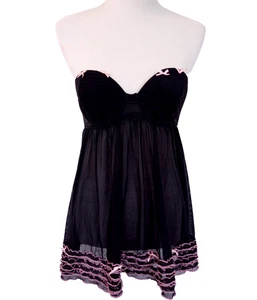 Vintage Y2K Native Intimates ärmelloses Babydoll Dessous schwarz & pink Goth 34B - Bild 1 von 13