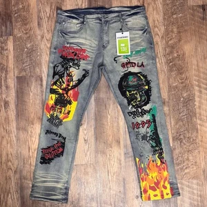 Jeans nuovi con etichette Y2K Graphic D'ANDIJIESHEN uomo 40 teschio profanità graffiti dipinti - Foto 1 di 12