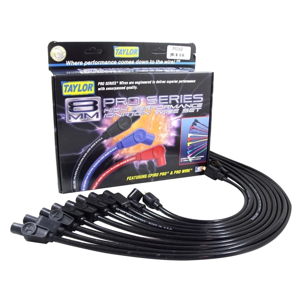 Cables de enchufe Taylor 74052; Spiro Pro 8 mm puntos negros rectos para AMC/GM/Ford V8 Foto 1 de 1