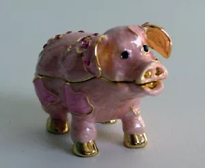 Entzückende Schmuckschatulle rosa Schwein Emaille Zinn aufklappbar tschechische Kristalle Neu im Karton - Bild 1 von 2