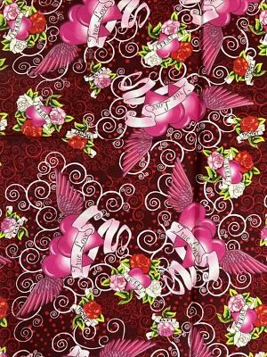 Fabri-Quilt Tatoo Love, Tattoo, Hearts, Wings, Roses, Cotton Valentines Fabric - Image 1 of 3