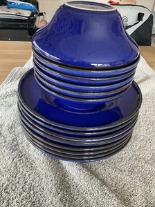 IKEA Trivsam 15199 Flecked Blue Rustic Dark Rim 6 Bowls 8 Side Plates WILL SPLIT - Picture 1 of 24